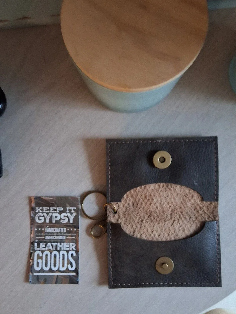 Trendy Upcycled Leather Keychain/Card Holder with Embossed Leather Emblem - NWT